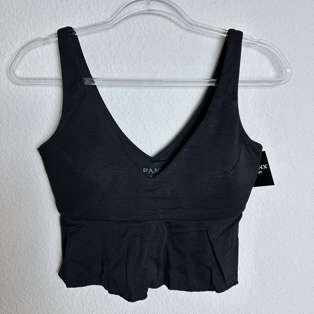 NEW Spanx Swim pique longline flounce swim top Crop Tankini Black Size SMALL - Picture 2 of 11